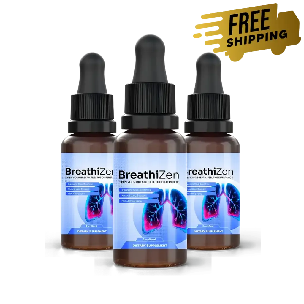 Three bottles of BreathiZen botanical breathing-support drops with free shipping ribbon